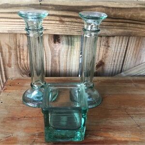 Vintage Knobler Green Glass Candlestick Holders & Square Thick Votive Holder